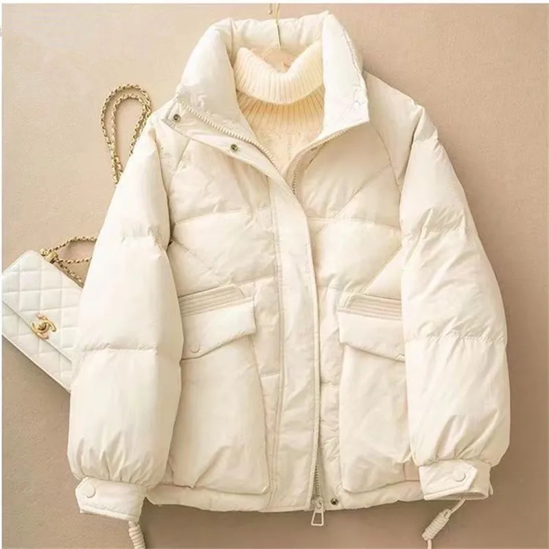 Winter Zip Up Parkas Women Warm Coats Thicken Stand Collar Minimalist Korean Temper Fashion Pure Color All-match Outwear Leisure