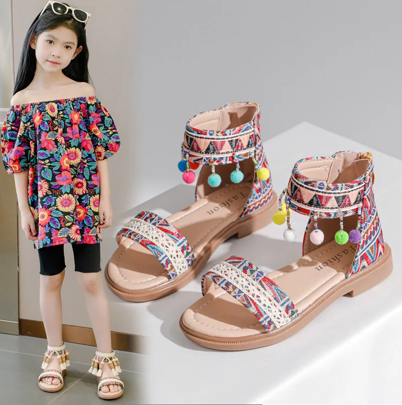 

Girls Korean Soft-soled Children's Roman Shoes Summer 2024 New Large Children Ethnic Style Primary School Shoes