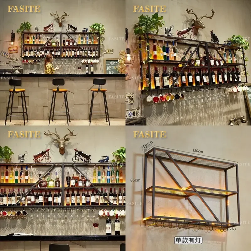 Industrial Creative Wrought Iron Wall Mounted Wine Rack Bar Counter Shelf for Restaurant Commercial Home Decor Red Wine