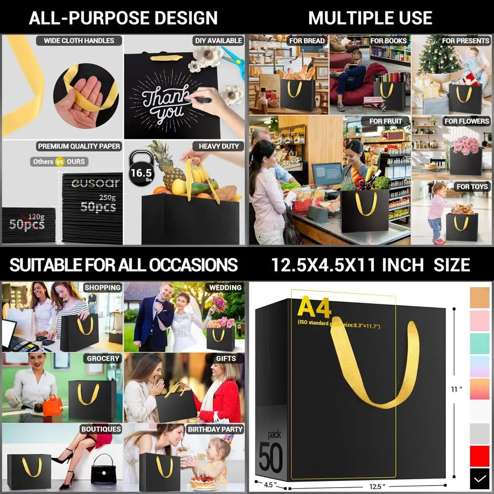 

Bulk Set of 50 Elegant Black Gift Bags with Gold Handles, 12.5x4.5x11 Inches, Ideal for Retail, Parties, and Wedding Favors