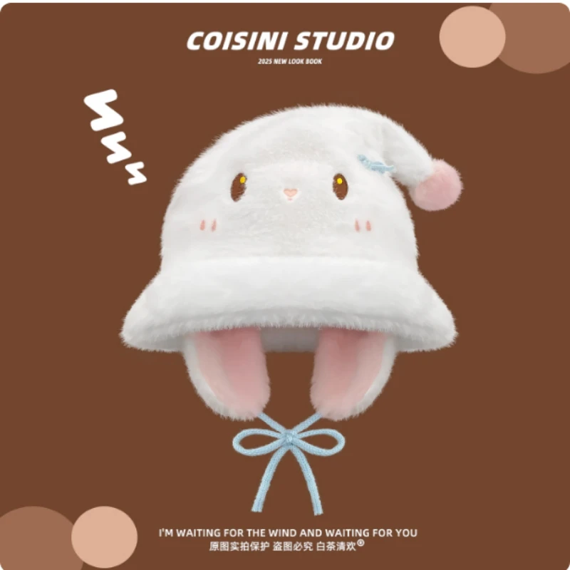 Japanese cartoon sweet bow plush bucket hats women's winter outdoor ear protection warm pointed top lace-up basin caps