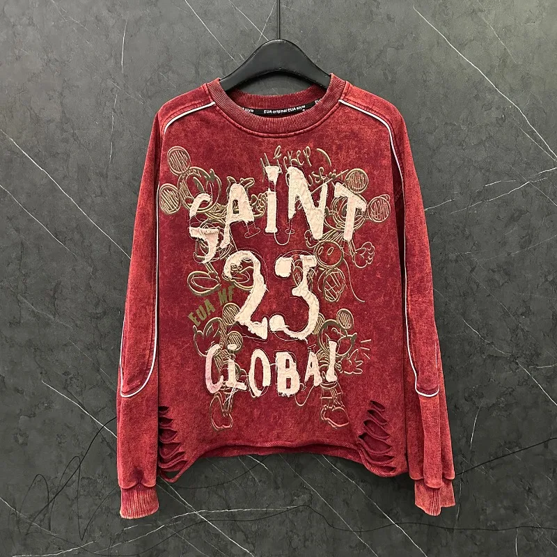 

2025 Autumn Heavy Industry New Style Ripped Cartoon Embroidered Letter Crew Neck Sweatshirt Ladies Loose Casual Y2k Top Pullover