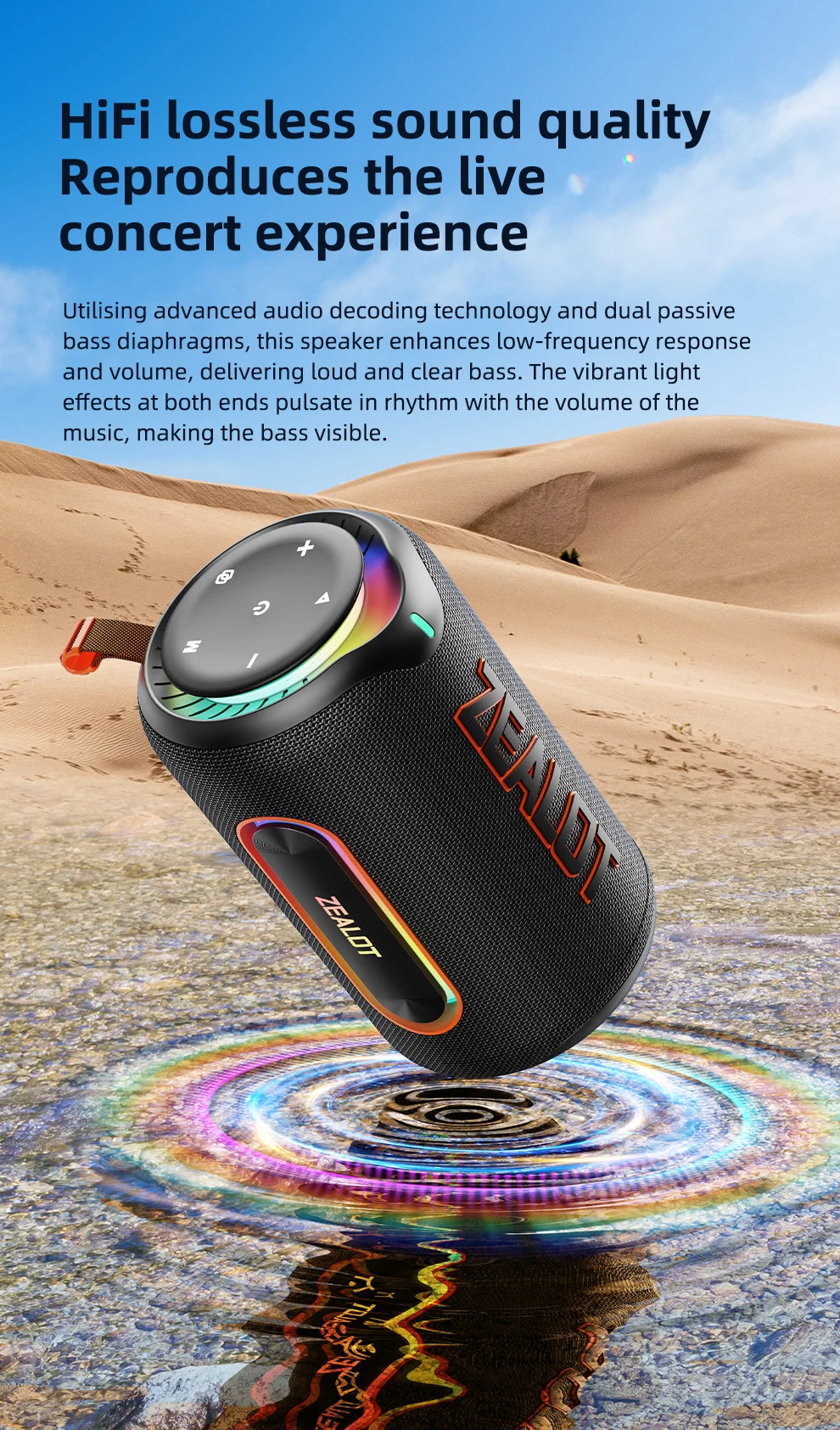 ZEALOT-MP1 Bluetooth-Lautsprecher für den Außenbereich, 60 W Ausgangsleistung, Bluetooth 5.3-Lautsprecher, Stereo-Sound, IPX6 wasserdicht, Micro-SD-Karte, RGB-Licht – Detail 5
