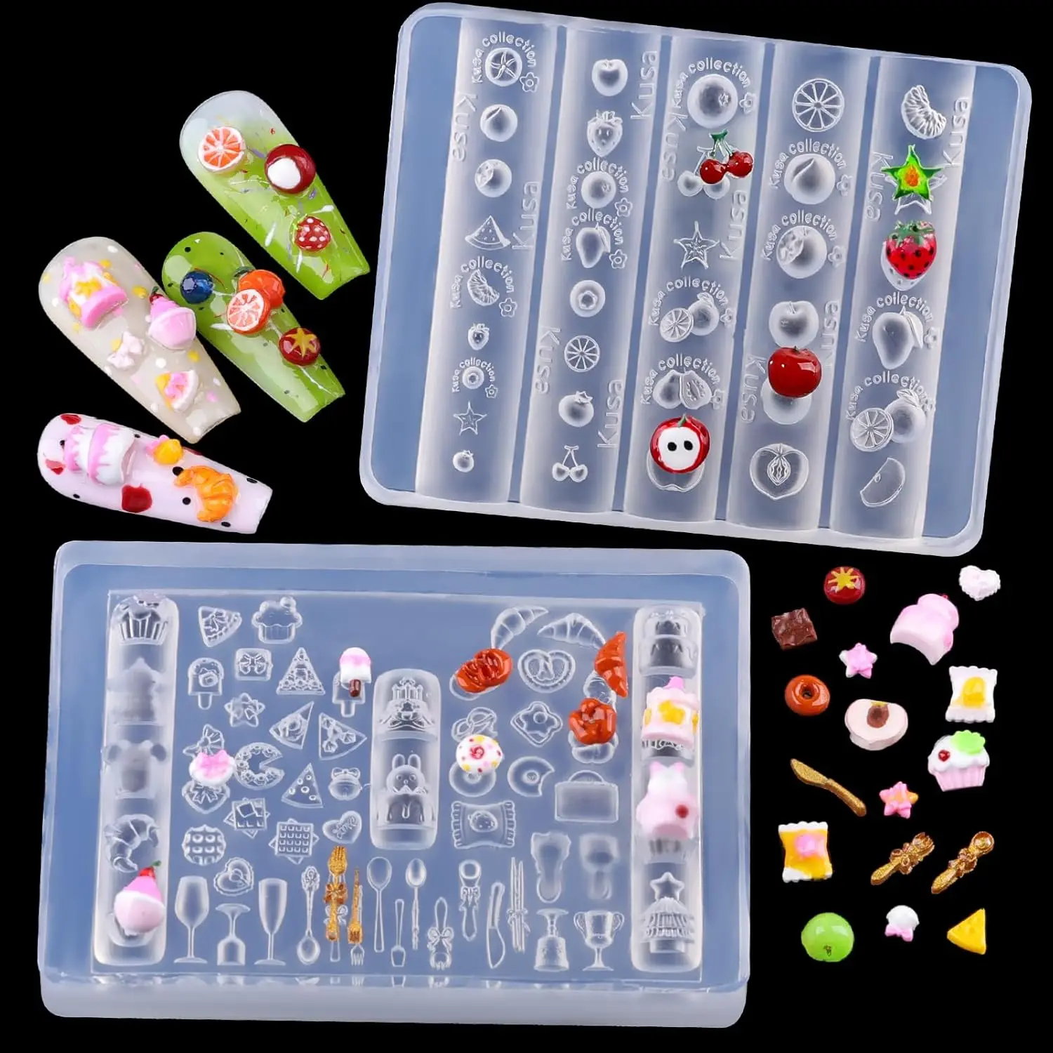 

2 Pcs Fruit Silicone Nail Molds 3D Strawberry Cherry Apple Bread Sandwich Nail Forms Resin Tableware Bear Nail Art Charms Mould