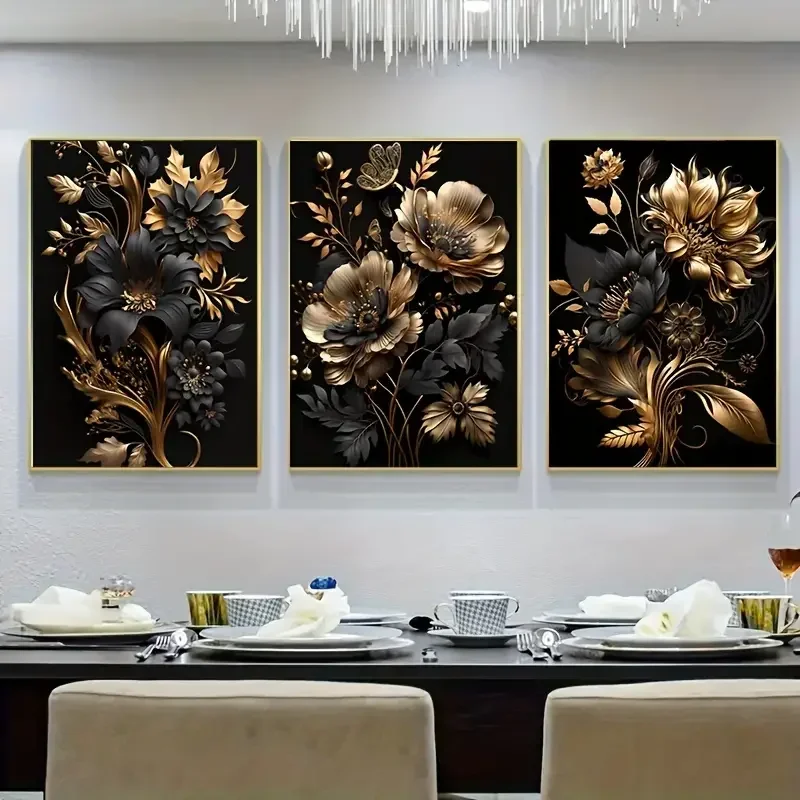 3pcs Modern Nordic Flower Poster Elegant Wall Art for Living Room Home Decor Black Gold Canvas Painting Wall Art Decor Poster