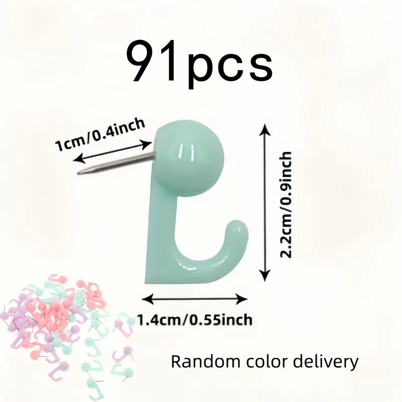 Push Pin Hooks 91 pcs, Random Color, Sturdy Hold, for Corkboards, Bulletin Boards and Office Use, Easy to Install