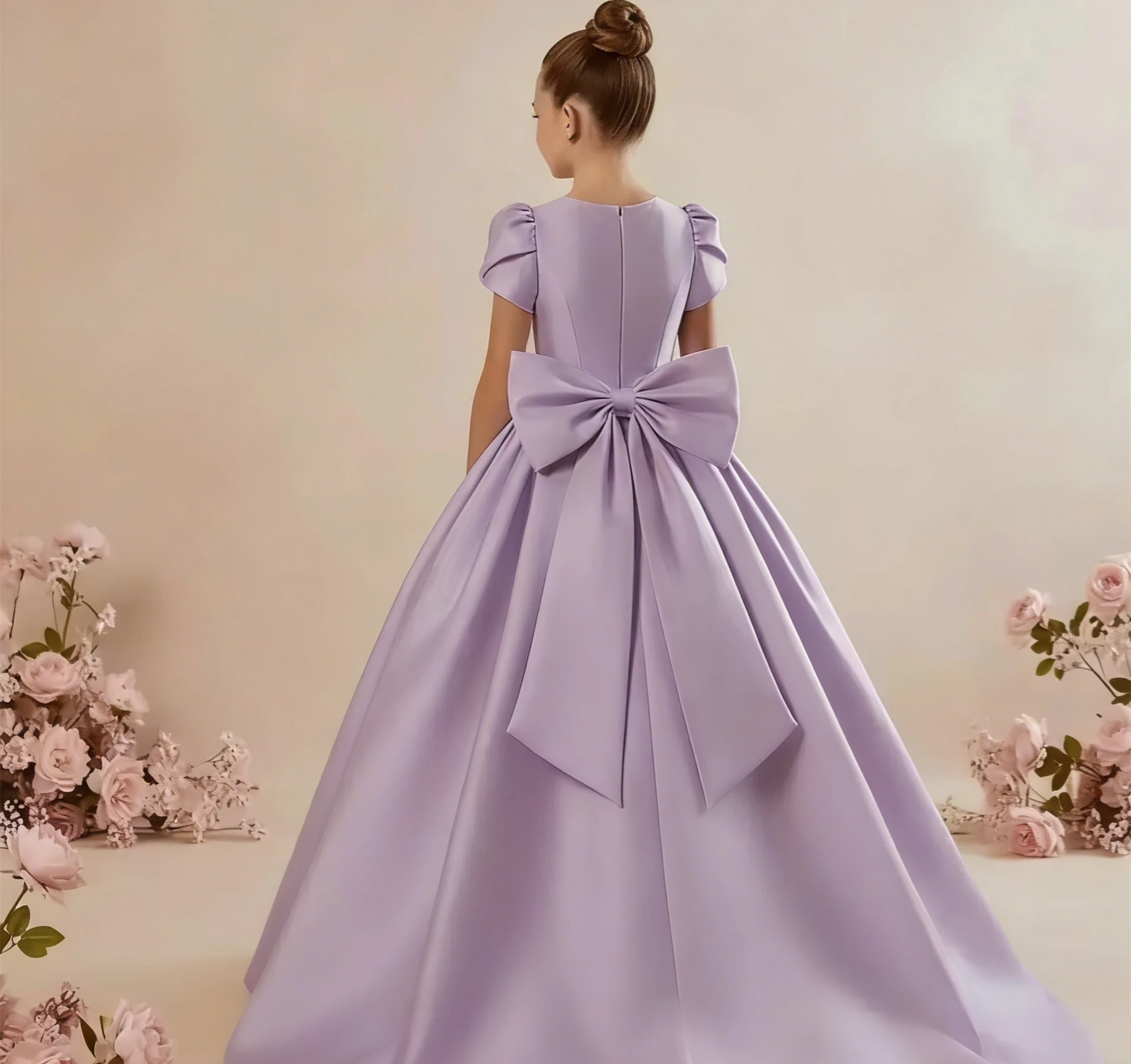

Customized Flower Girl Dress For Wedding Bow Floor Length Short Sleeve High Waist Elegant Kids Birthday First Communion Gown