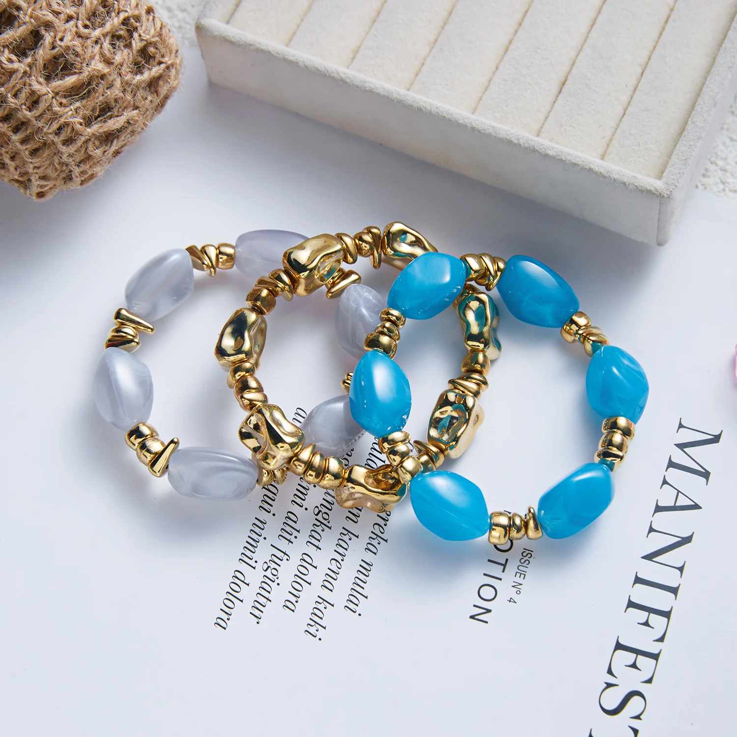 3-teiliges Set Bunte Unregelmäßige Geometrische Harz-Perlenarmbänder für Frauen Minimalistische CCB Stapelbare Elastische Armreifen Charms Party-Schmuck – Detail 7