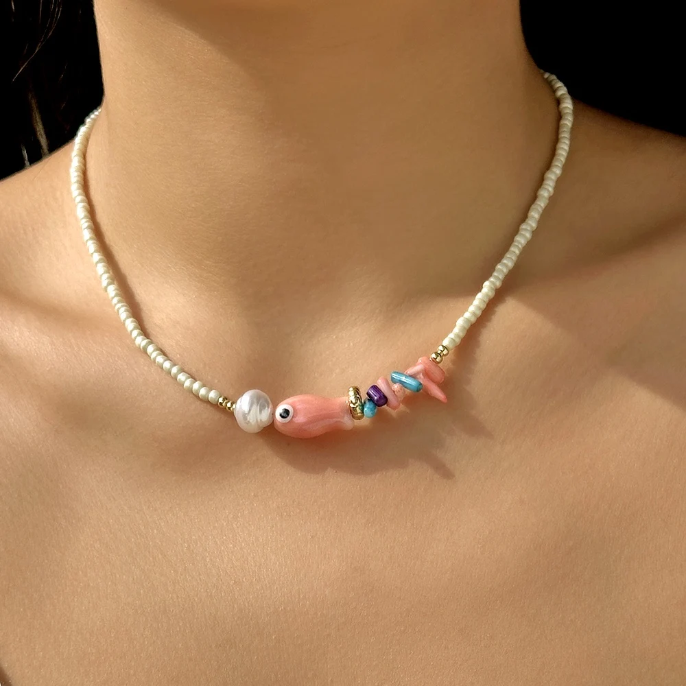 Collana con ciondolo conchiglia stella marina in ceramica colorata bohémien per donna, girocollo con perline fatto a mano, regalo di gioielli in stile vacanza