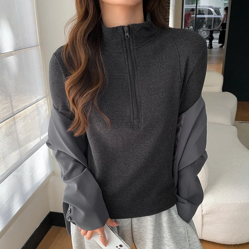 Brushed Half Zipper Pullover Women Autumn Winter Stand Up Collar Sweatshirt Korean Casual Loose Fit Sporty Pullover Tops