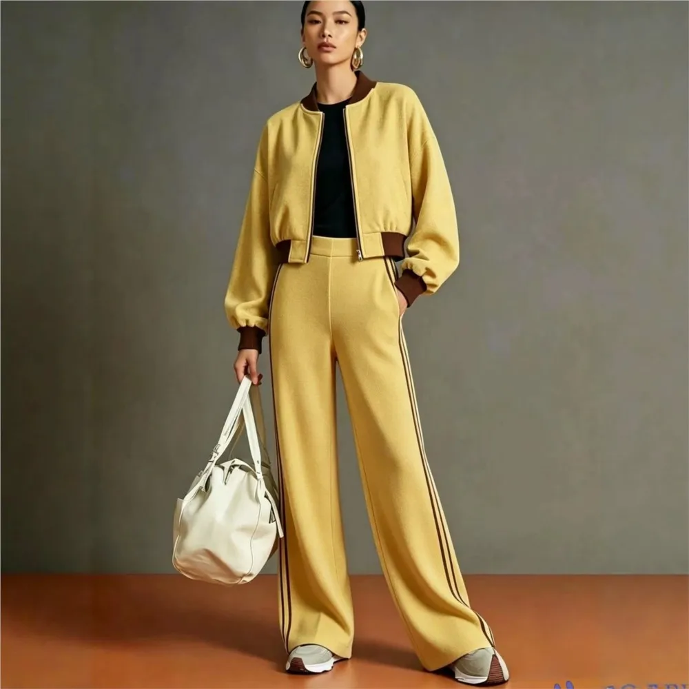 Autumn Winter Zipper Cardigan Jacket+side Striped Wide Leg Pants Two-piece Sets Women's Casual Sweatpants Matching Outfits
