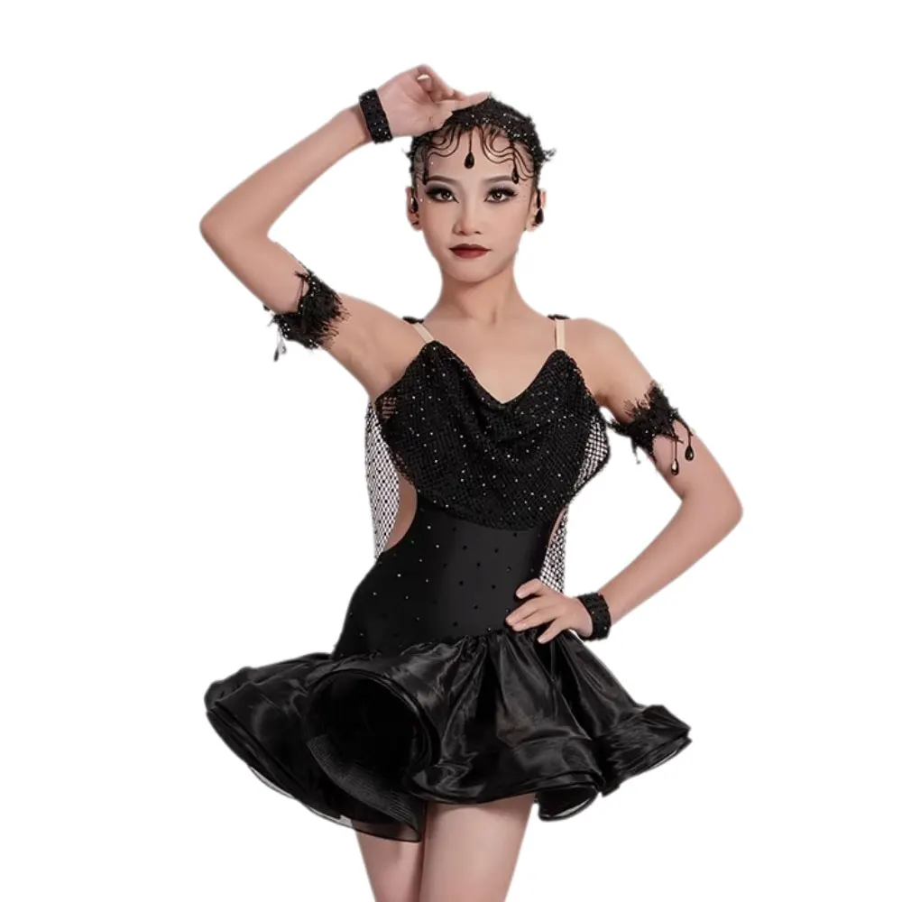 Latin Dance Costume, Rhinestone, High-end Customized Mesh Back, Mesh Skirt, Samba Performance Dress For Adults and Children