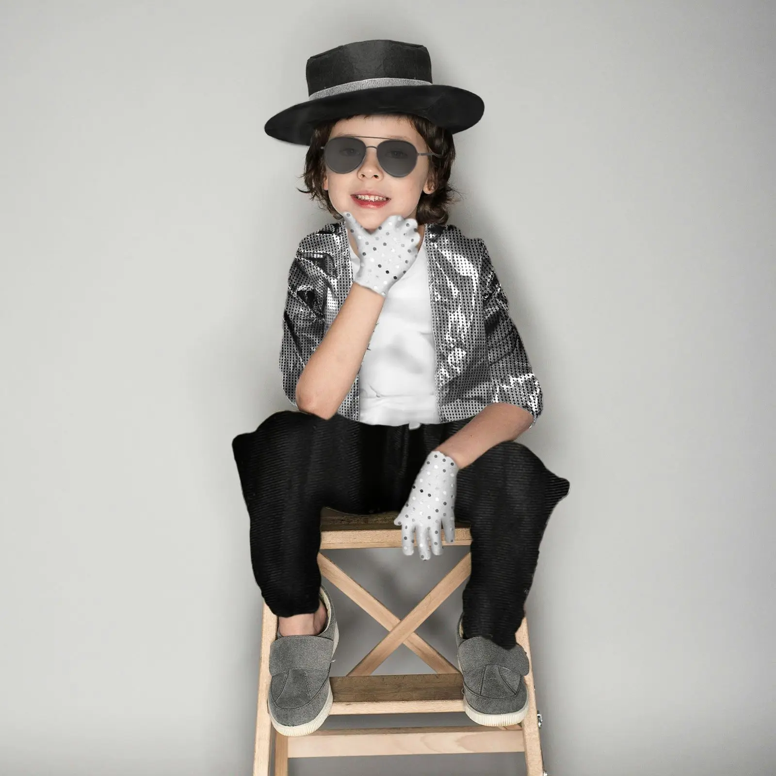 Costume Cosplay de Michael Jackson pour Enfant, Tenue de Scène Hip Hop, brev, Carnaval d'Halloween, Chanteur Smile Star, ixdes Garçons des Années 80 et 90