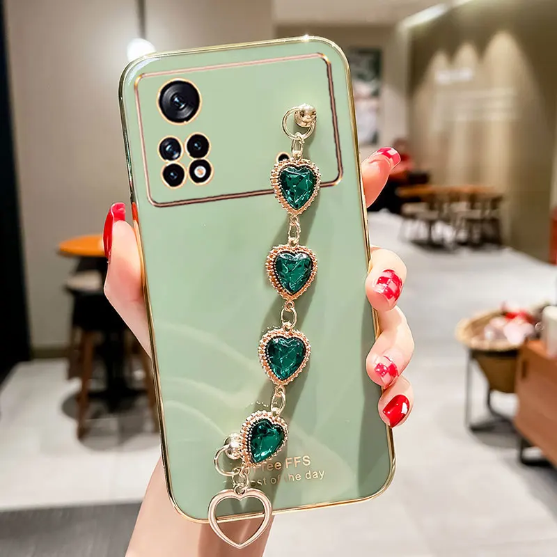 Cover For POCO X4 PRo 5G Luxury Glitter Bracelet Case For Xiaomi poco X4 pro M4pro Love Camera protector Chain Case pocox4pro