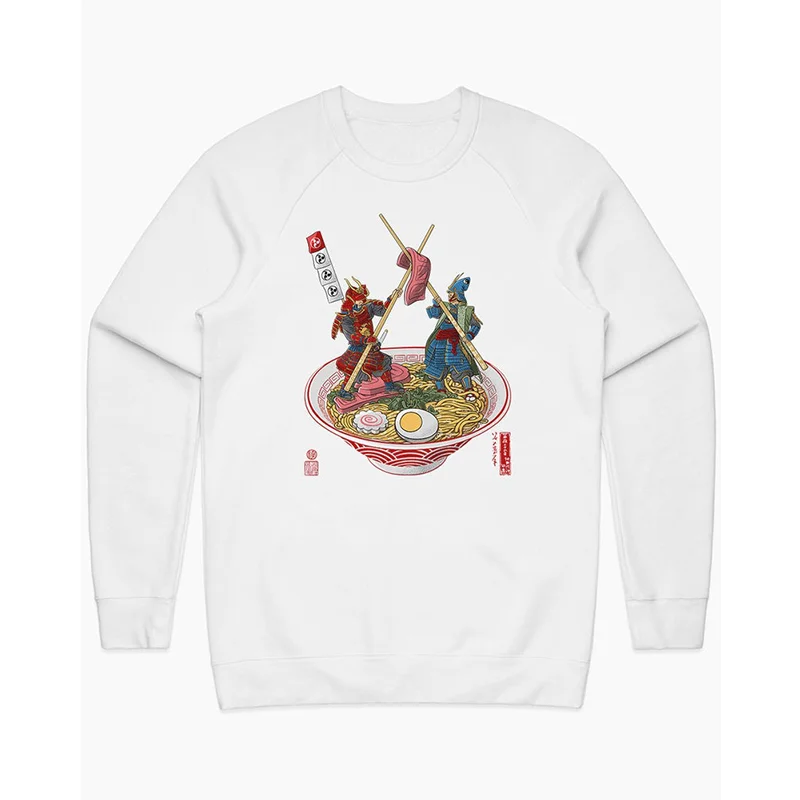 

Винтажный свитшот Samurai Duel over Ramen с круглым вырезом, хлопковый, повседневный, удобный, с принтом, в уличном стиле, для осени