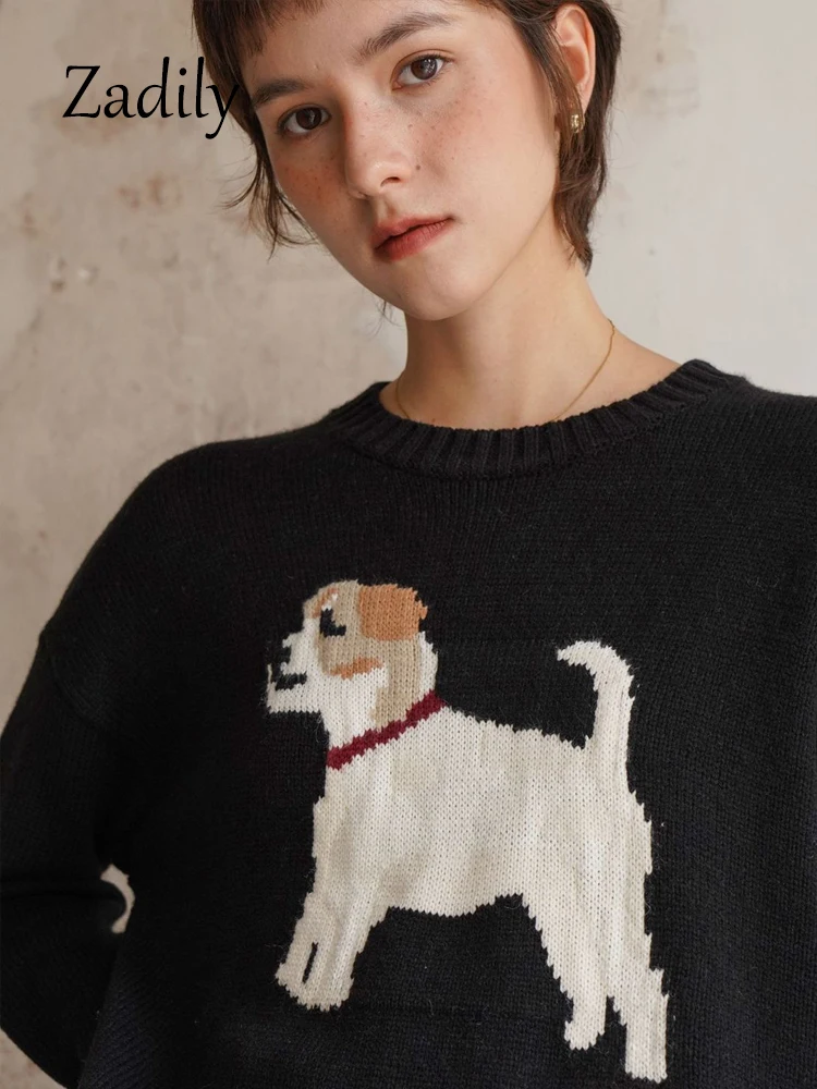 Zadily 2023 Winter Casual Long Sleeve Women Dog Embroidery Sweater Korea Style O neck Warm Knit Ladies Pullovers Female Clothing