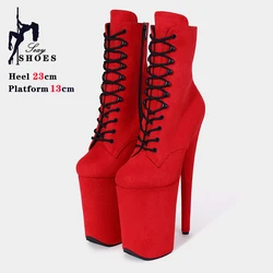 Sexy 23cm/9 pollici piattaforma rossa Pole Dance stivali Striptease scarpe tacco ultraalto in pelle scamosciata punta tonda stivaletti con tacco alto da donna