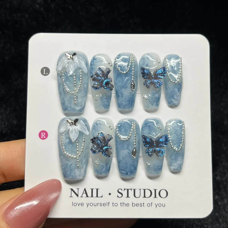 

10PCS Blue Ombre French Press on Nails Handmade Sparkling 3D Butterfly Sweet Flowers Medium Coffin Fake Nails Silver Chain Nails