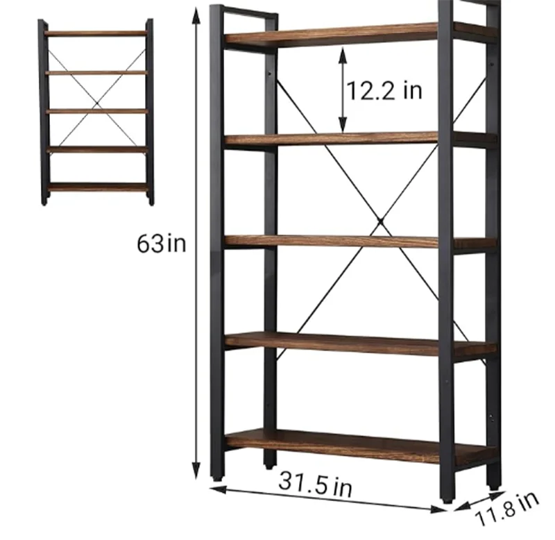 5 Tier Bookcase, Solid Wood Bookshelf Country Vintage Industrial Bookcase, Metal Free & Wood Vintage Bookcase, Vintage Brown