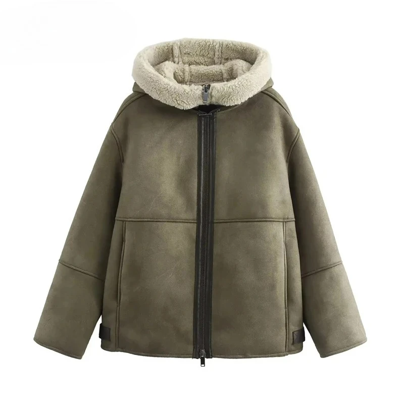 

Autumn Winter New Women Double Face Hooded Jackets Zip Padded Plush Outerwear Ladies' Long Sleeve Jacket