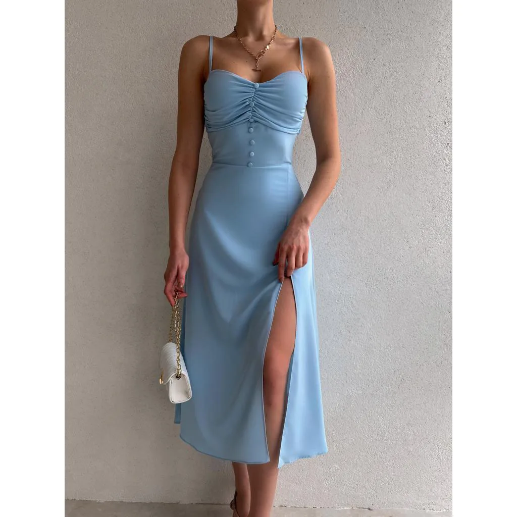 

Sexy Slim Spaghetti Strap Dresses Women Solid Color Backless Leace-up Folds Bodycon Slit Midi Dress Female Trendy Streetwear New