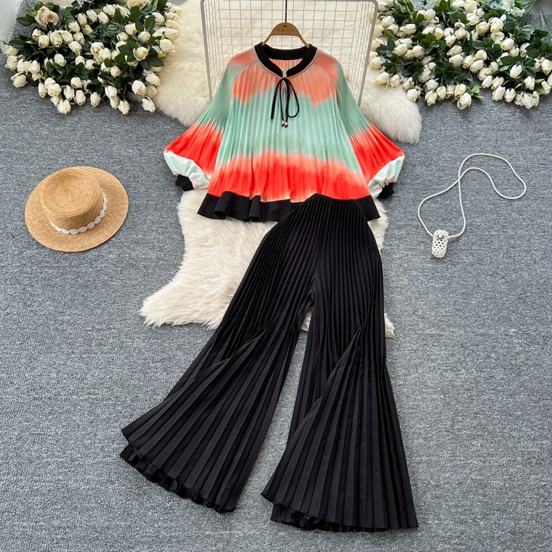 

Fashion Gradient Color Round Neck Tied Lantern Sleeves Pleated Top and High Waist Pleated Wide Leg Two Piece Set