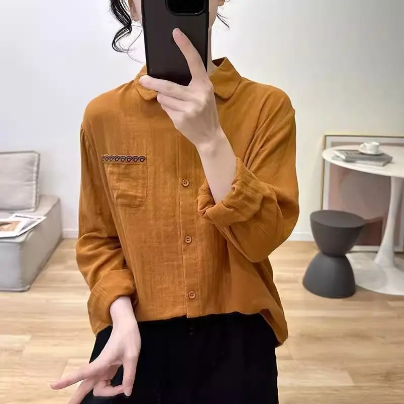 Artistic Spring Summer New Long Sleeved Cotton and Linen Shirt Casual Versatile Shirt Slimming Solid Base Loose Retro Top