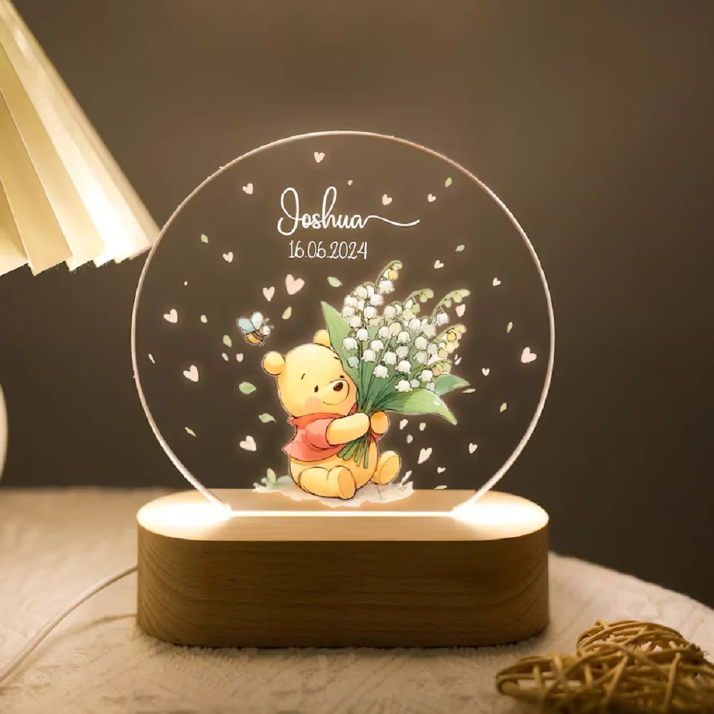 Custom Name & Date Acrylic Plaque with Cute Mouse Acrylic Night Light Plate Animals Lamp Plaque Baby Kids Bedside Baptism Gifts