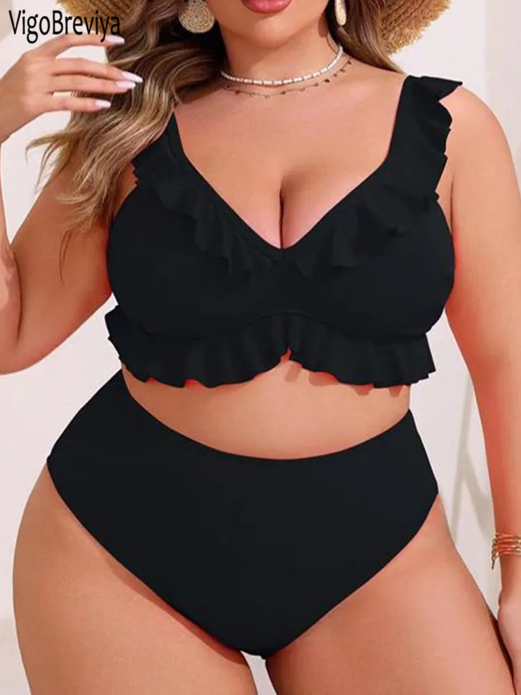 VigoBreviya 2025 Bikini liso de 2 piezas con tirantes de talla grande para mujer, traje de baño curvo con tirantes, traje de baño grande de cintura alta para mujer