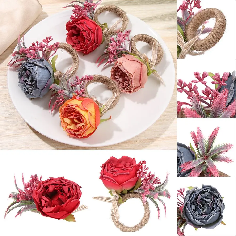 

Table Decoration Handmade Wedding Napkin Buckles Holder Simulation Rose Napkin Ring Dining Holder Artificial Roses