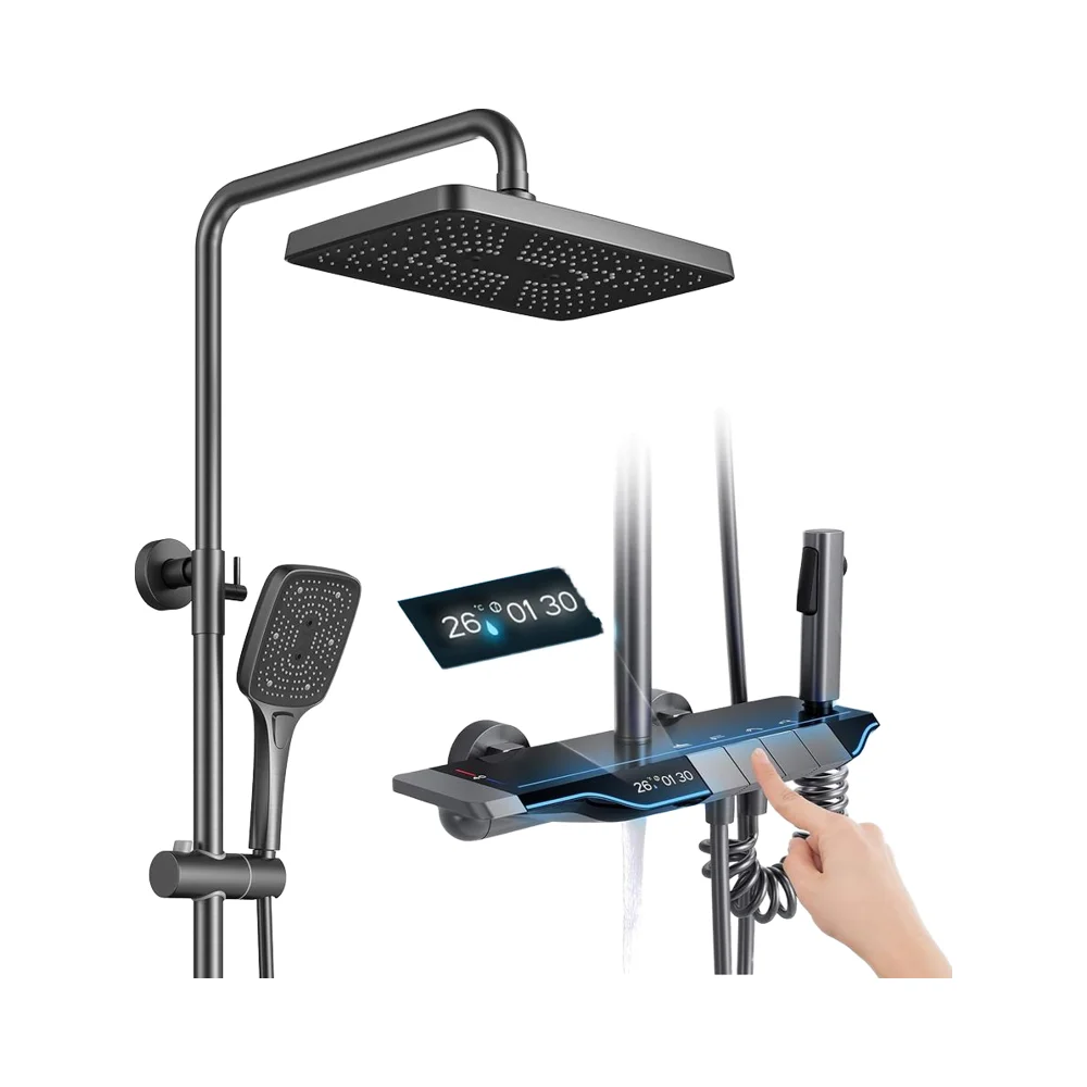 

Thermostatic Piano Key Shower System 12\" Rain Shower Head Digital Display Ambient Lights Gray Bath Shower Faucet Combo