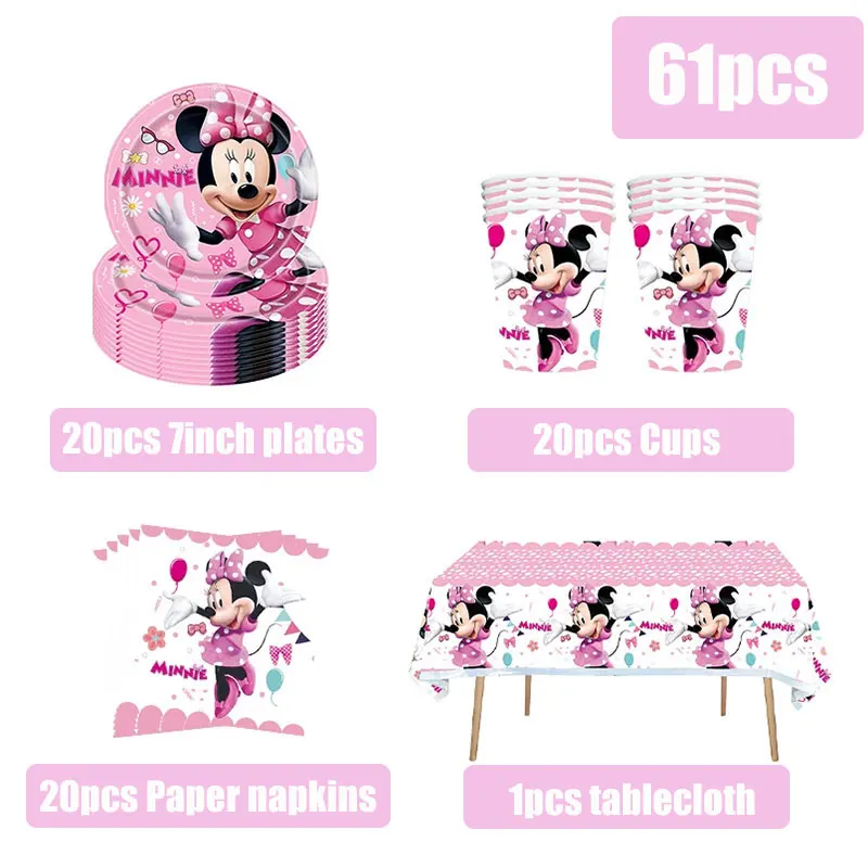 Disney Minnie Mouse Birthday Decoration Minnie Birthday Theme Tableware Tablecloth Backdrop Banner Pink Balloons Kids Favors