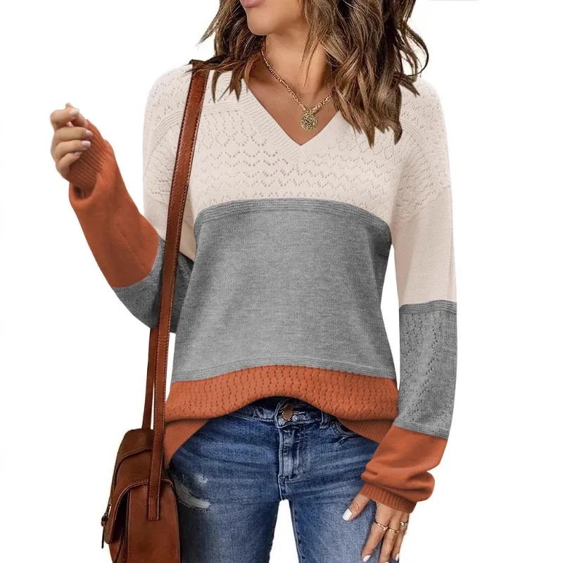 

New Style Sweater Contrasting Color Solid Color V-neck Hollow Pullover for Women