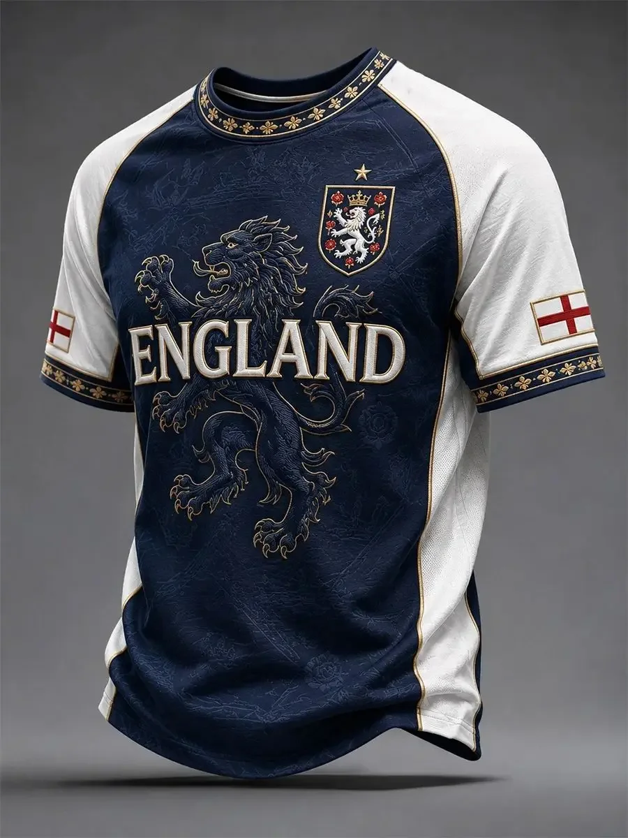 2027 England Vintage Soccer Jersey Dark Blue Lion 3d Print  Casual Fan Top Family Men's Sports T-shirt Football Training Uniform