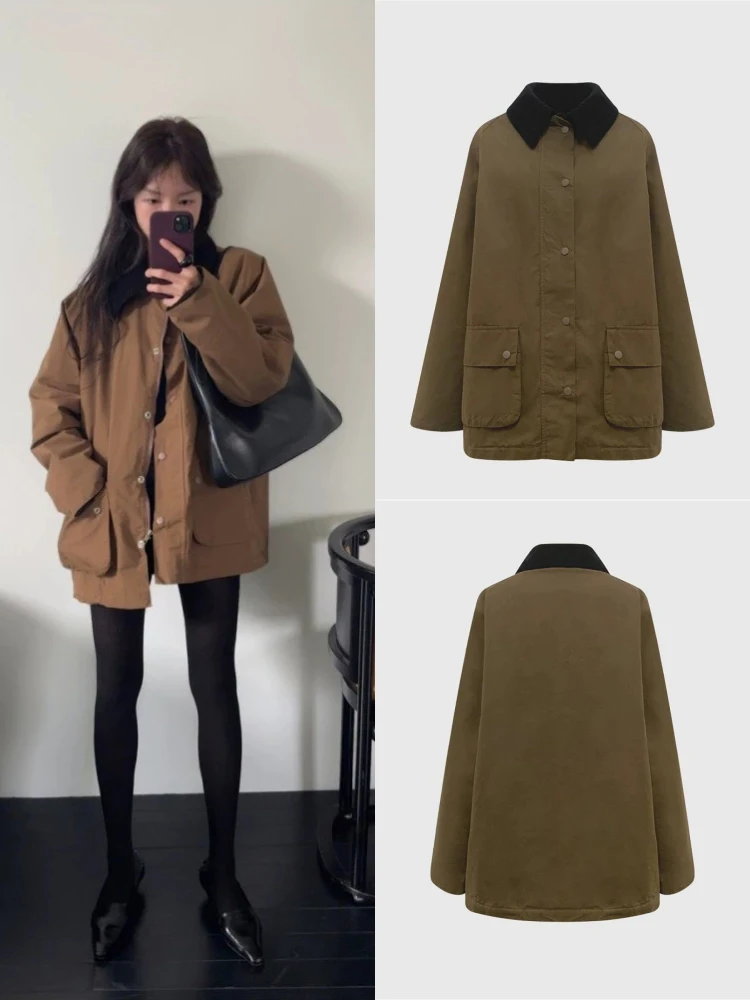 

Повседневное свободное женское хлопковое пальто с воротником-клапаном в стиле ретро, свободное повседневное пальто, длинное свековое пальто средней длины на пуговицах