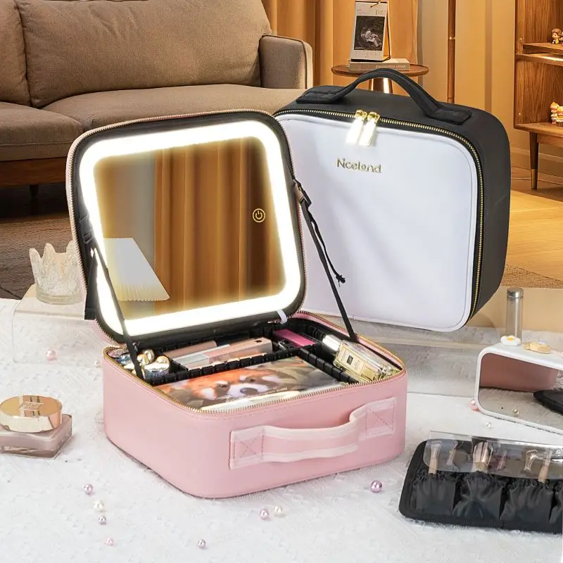 

Portable Travel Makeup Storage Bags LED Lighted Cosmetic Case with Mirror PU Leather