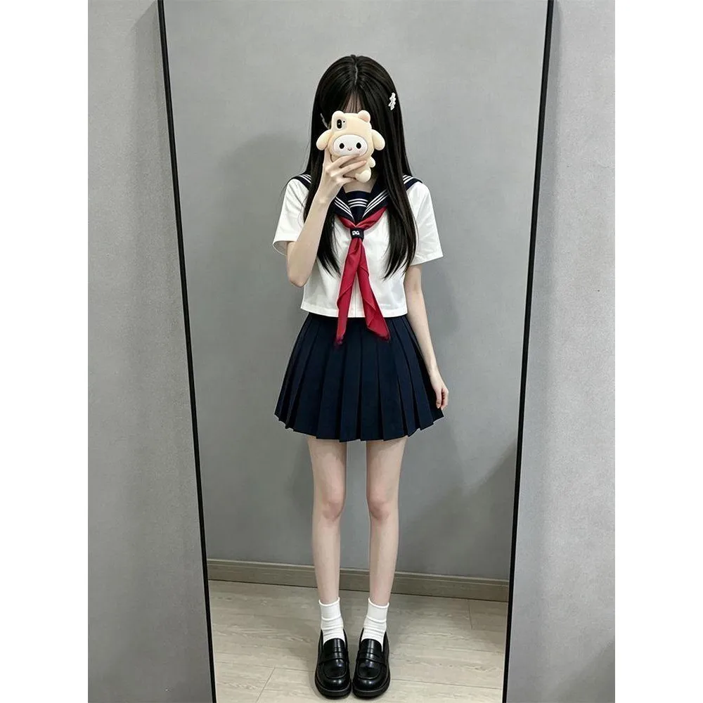 plus Size Japanese Style School Uniform Outfit Short Sleeve Pleated Skirt Casual Wear for Women in Summer V Neck Two Piece Set