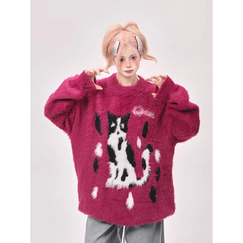

Black Cartoon Kitten Knitted Sweater 2025 Autumn Winter New Crew Neck Slim Sweaters Women's Top Gentle Fashion Pullover