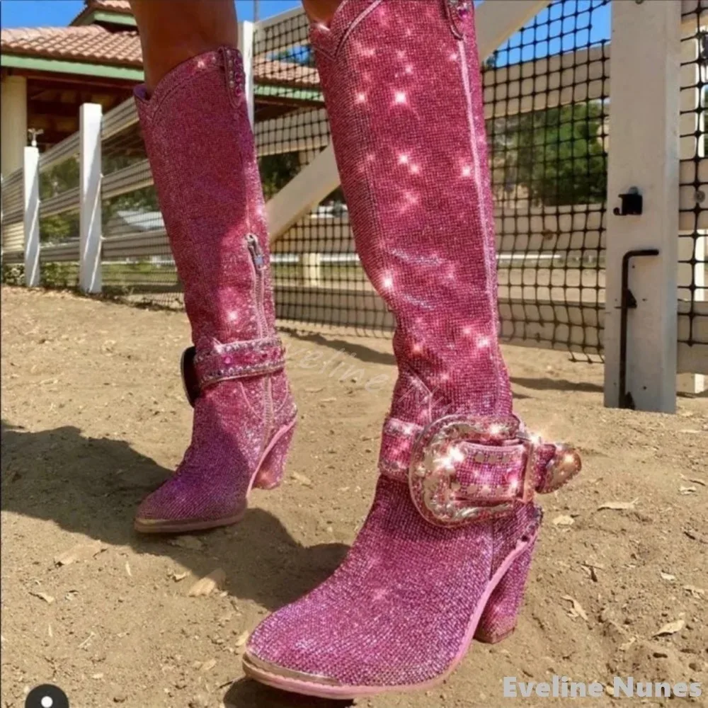 Botas de vaquero del oeste con diamantes de imitación brillantes de lujo para mujer, botas largas ostentosas con hebilla de cinturón y tacón grueso, botas de pasarela a la moda