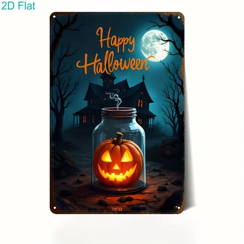 Gotisches Eisen-Halloween-Wandschild aus Metall – gruseliges Spukhaus mit Jack-O'-Laterne, Fledermäusen und fröhlichem Halloween-Schriftzug – drinnen/