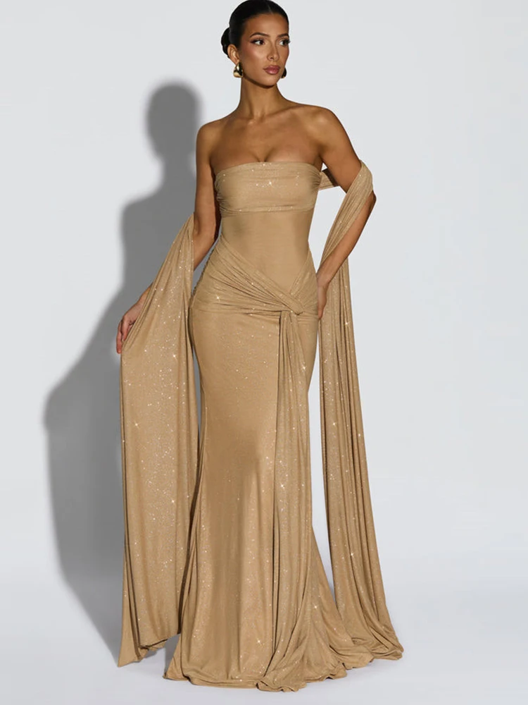 

Oniflyme Sparkly Sexy Strapless Ruched Maxi Dress Women Sleeveless Scarf Collar Dress Autumn Skinny Elegant Evening Party Dress