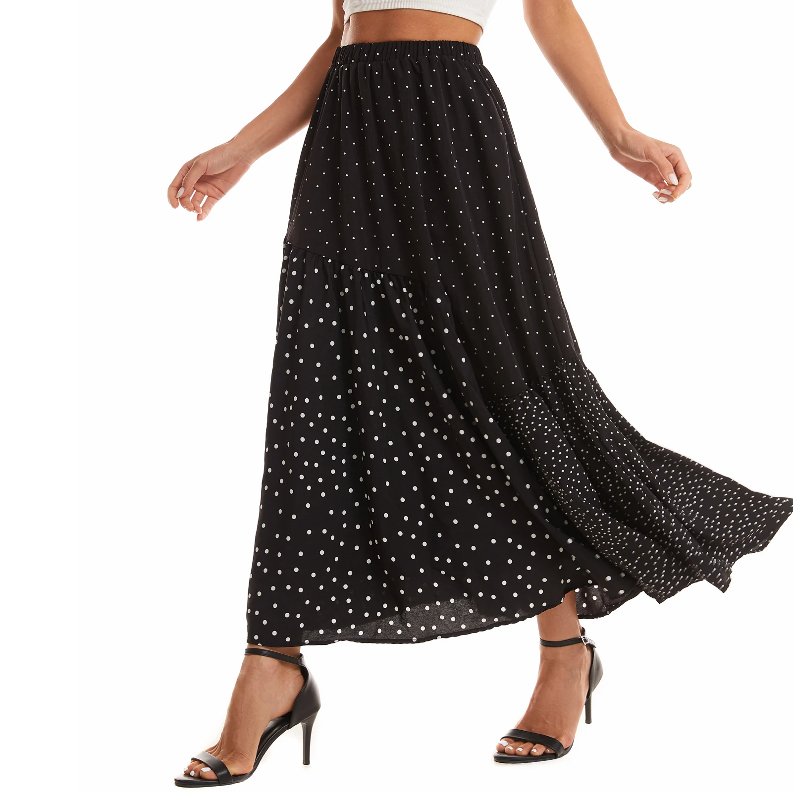 تنورة متوسطة الطول منقطة مرقعة مع بطانة - لوحات غير متماثلة مبطنة بشكل واسع بطول الكاحل وخصر مرن #4