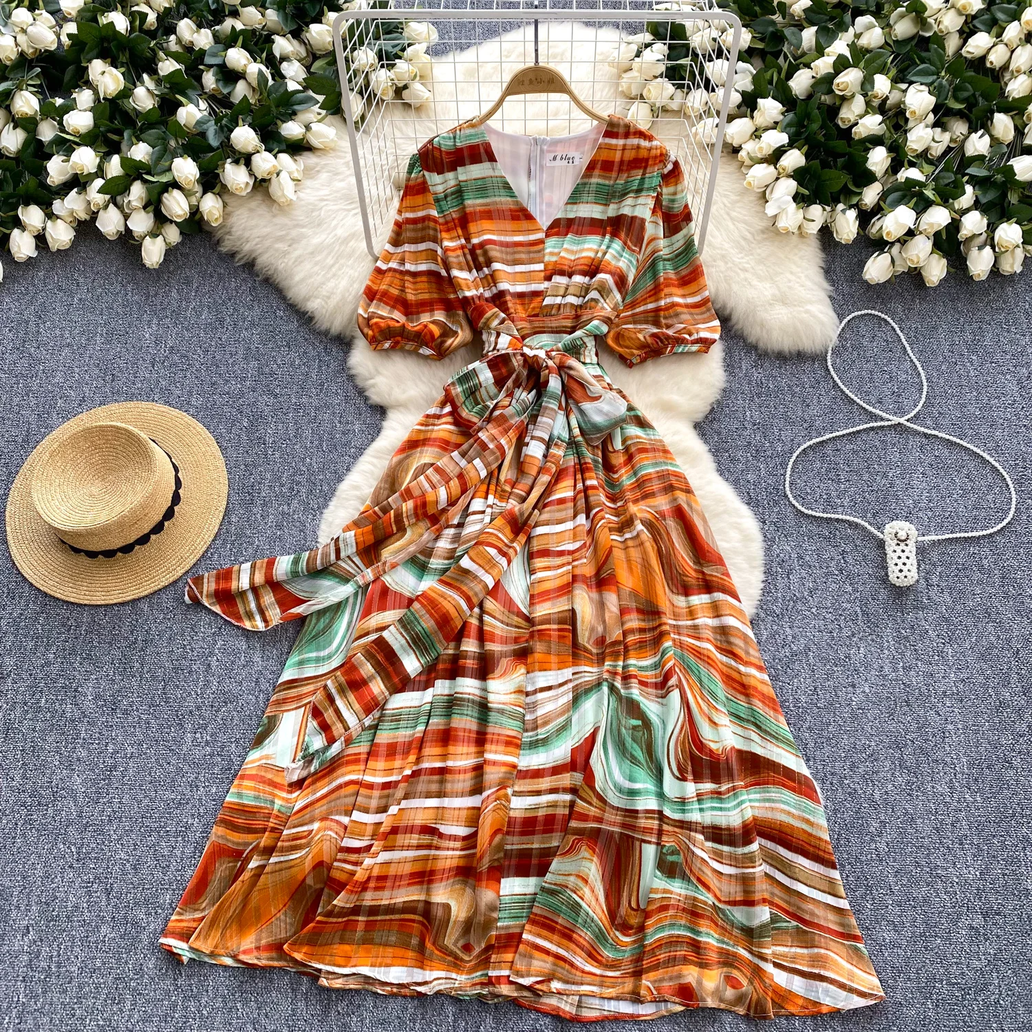 

French Elegant vintage Bandage print v neck puff Sleeve dress women's summer waist sweet Casual dresses