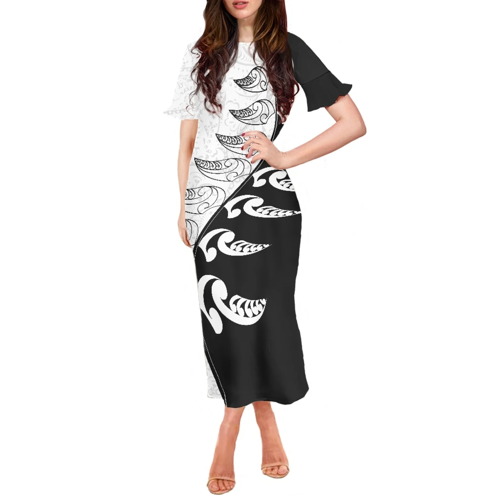 Polynesian Tribal Tongan Totem Tattoo Tonga Prints High Quality ​Lotus Leaf Short Sleeve Round Neck Long Dress Slim Lady 4XL Siz