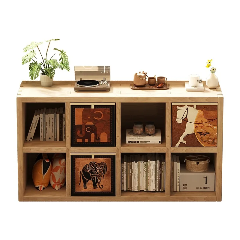 Grid Cabinet Floor Bookshelf, Low Storage Rack for Living Room Bay Window