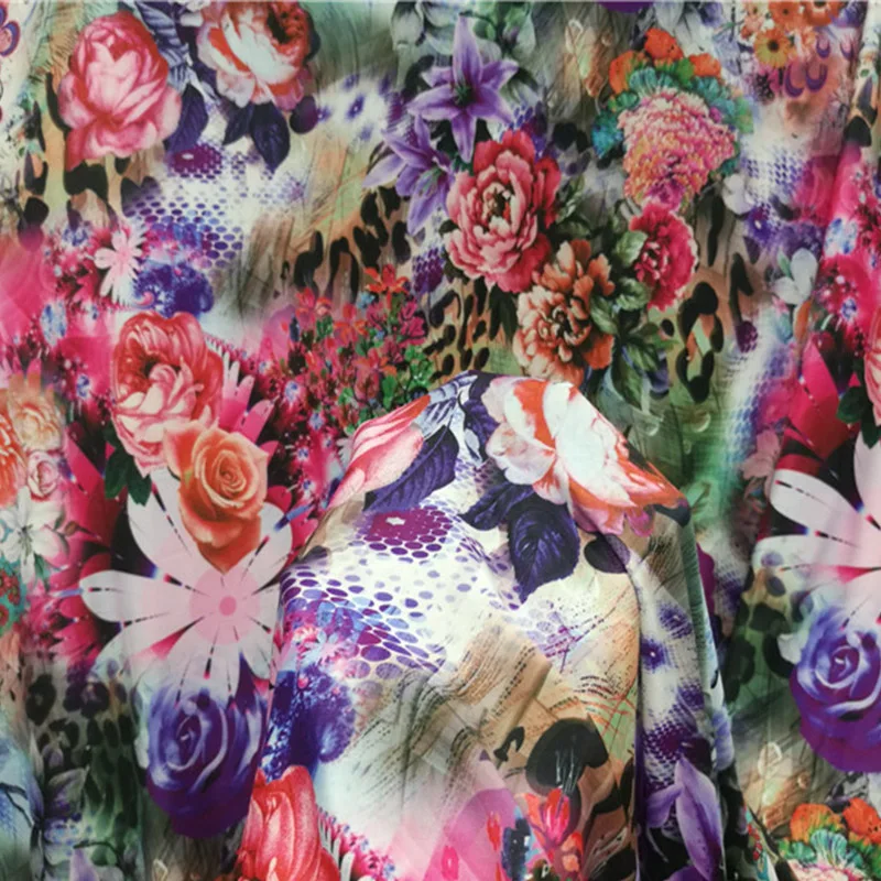 Good 4 Sides Stretch Milk Silk Knitted Fabric Color Purple Rose Pink Flower Printed Fabric Diy Sewing Big Swing Dress/Cheongsam