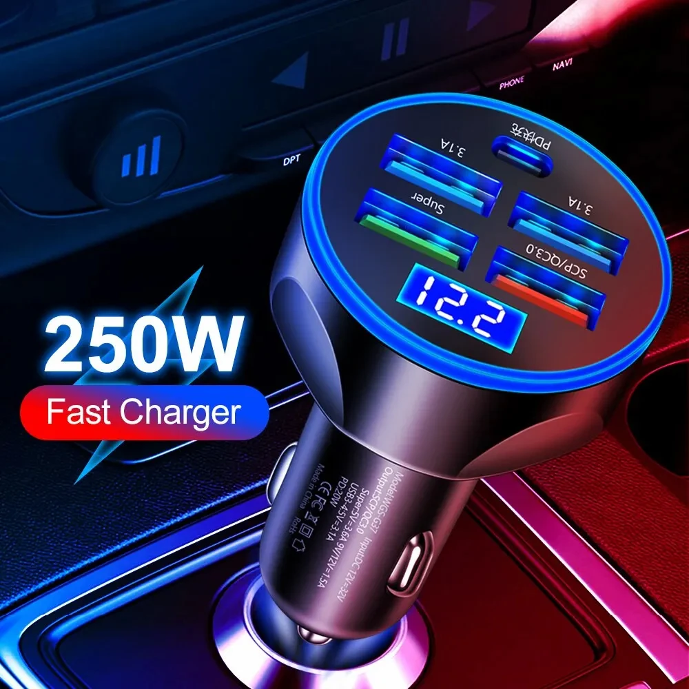 250w 5 Ports USB C Auto ladegerät Schnell ladung Auto Telefon Adapter im Auto mit Spannungs anzeige für iPhone Samsung Huawei Xiaomi