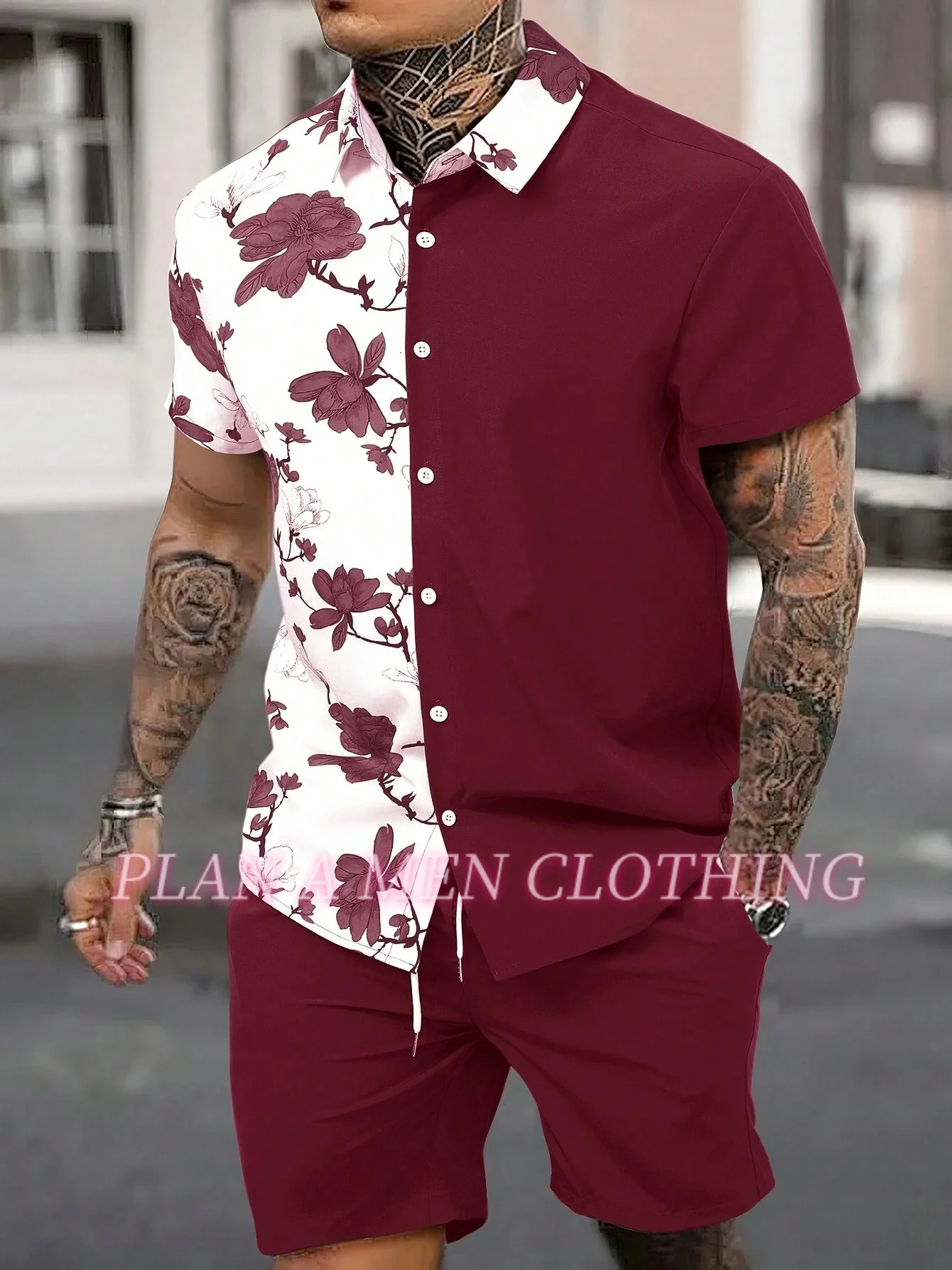 Hawaiian Style Men's Short-Sleeved Shirt and Shorts Set Seaside Casual Rose Short-Sleeved Shirt Outdoor Shorts Men's2 piece Set