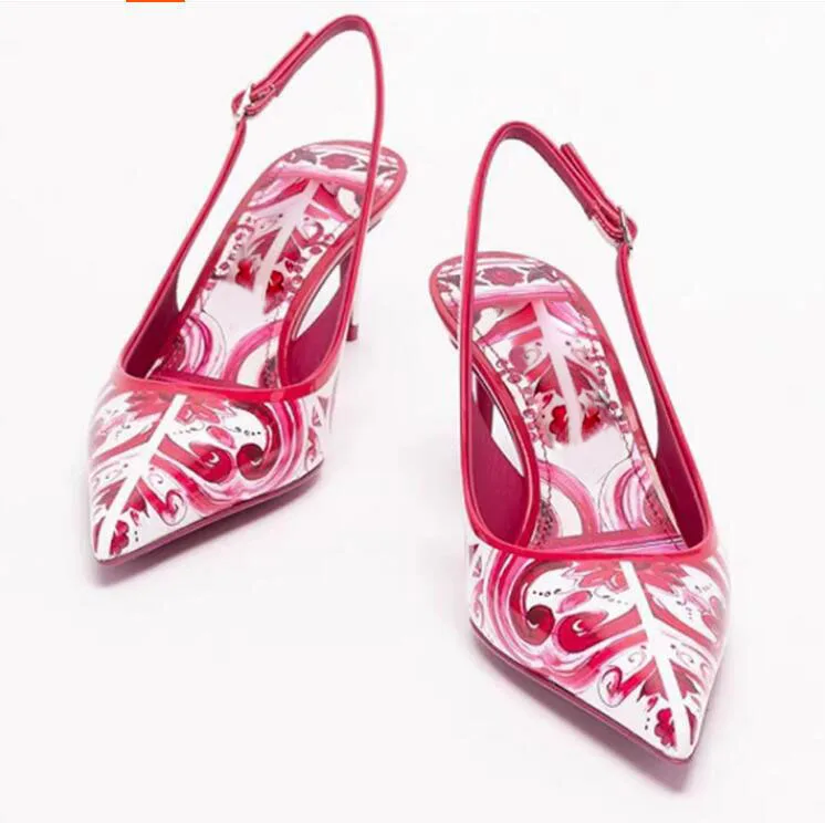 

Sexy Red Porcelain Flower Printing Leather Slingbacks Pumps 6cm Kitten Heels Pointed Toe Buckle Woman Banquet Sandals Shoes