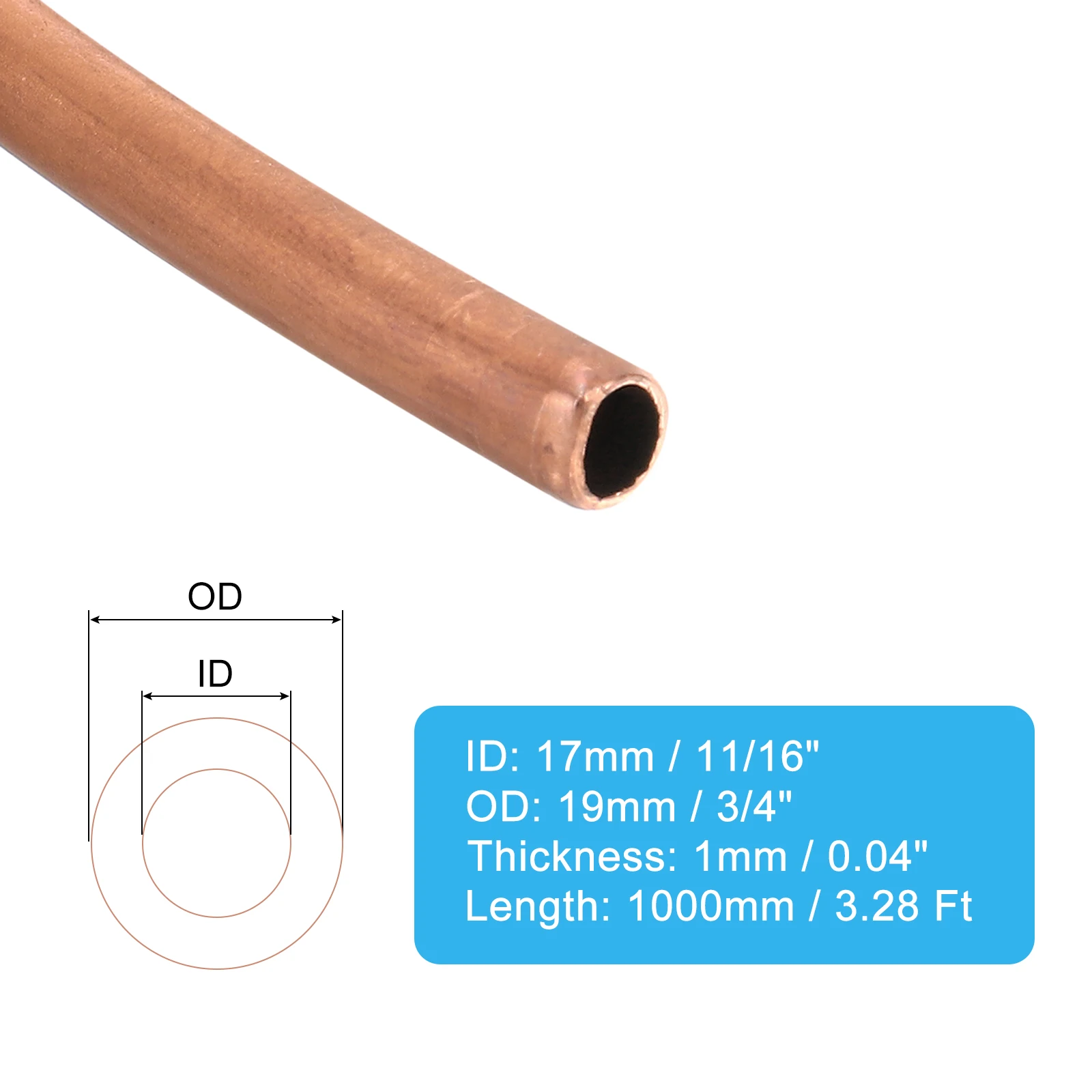 1M 99.9% Copper Tube 17mm ID 19mm OD 1mm Thick Refrigeration Tubing Coil Seamless Round Pipe Tubing for HVAC Industrial Crafts